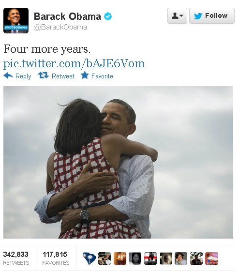 Obama tweets "4 more years"